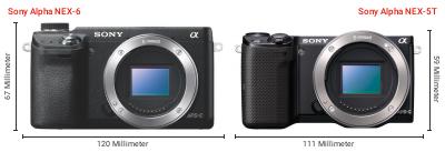 Größenvergleich: Sony Alpha NEX-6 vs. Sony Alpha NEX-5T Größenvergleich: Sony Alpha NEX-6 vs. Sony Alpha NEX-5T