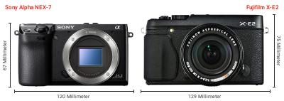 Größenvergleich: Sony Alpha NEX-7 vs. Fujifilm X-E2 Größenvergleich: Sony Alpha NEX-7 vs. Fujifilm X-E2
