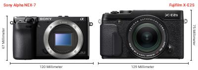 Größenvergleich: Sony Alpha NEX-7 vs. Fujifilm X-E2S Größenvergleich: Sony Alpha NEX-7 vs. Fujifilm X-E2S
