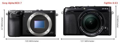 Größenvergleich: Sony Alpha NEX-7 vs. Fujifilm X-E3 Größenvergleich: Sony Alpha NEX-7 vs. Fujifilm X-E3