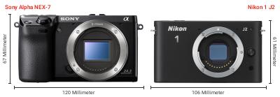 Größenvergleich: Sony Alpha NEX-7 vs. Nikon 1 J2 Größenvergleich: Sony Alpha NEX-7 vs. Nikon 1 J2