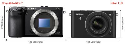 Größenvergleich: Sony Alpha NEX-7 vs. Nikon 1 J3 Größenvergleich: Sony Alpha NEX-7 vs. Nikon 1 J3
