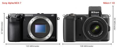 Größenvergleich: Sony Alpha NEX-7 vs. Nikon 1 V2 Größenvergleich: Sony Alpha NEX-7 vs. Nikon 1 V2