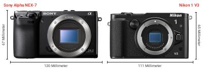 Größenvergleich: Sony Alpha NEX-7 vs. Nikon 1 V3