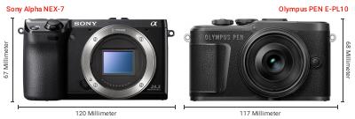 Größenvergleich: Sony Alpha NEX-7 vs. OM System PEN E-PL10