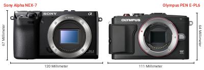 Größenvergleich: Sony Alpha NEX-7 vs. OM System PEN E-PL6