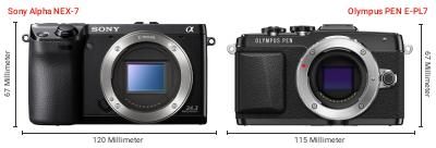 Größenvergleich: Sony Alpha NEX-7 vs. OM System PEN E-PL7