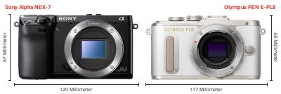 Größenvergleich: Sony Alpha NEX-7 vs. OM System PEN E-PL8