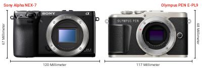 Größenvergleich: Sony Alpha NEX-7 vs. OM System PEN E-PL9