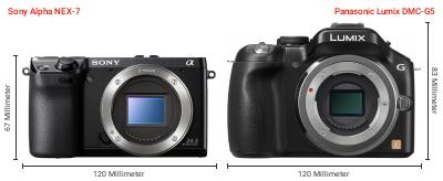 Größenvergleich: Sony Alpha NEX-7 vs. Panasonic Lumix DMC-G5 Größenvergleich: Sony Alpha NEX-7 vs. Panasonic Lumix DMC-G5