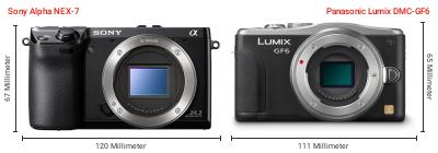 Größenvergleich: Sony Alpha NEX-7 vs. Panasonic Lumix DMC-GF6 Größenvergleich: Sony Alpha NEX-7 vs. Panasonic Lumix DMC-GF6