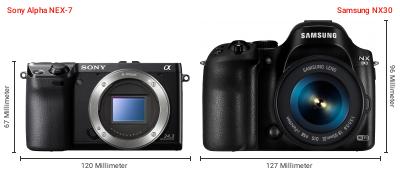 Größenvergleich: Sony Alpha NEX-7 vs. Samsung NX30 Größenvergleich: Sony Alpha NEX-7 vs. Samsung NX30