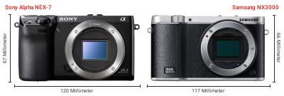 Größenvergleich: Sony Alpha NEX-7 vs. Samsung NX3000 Größenvergleich: Sony Alpha NEX-7 vs. Samsung NX3000