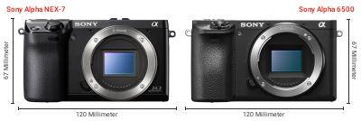 Größenvergleich: Sony Alpha NEX-7 vs. Sony Alpha 6500 Größenvergleich: Sony Alpha NEX-7 vs. Sony Alpha 6500