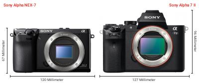 Größenvergleich: Sony Alpha NEX-7 vs. Sony Alpha 7 II Größenvergleich: Sony Alpha NEX-7 vs. Sony Alpha 7 II