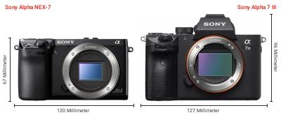 Größenvergleich: Sony Alpha NEX-7 vs. Sony Alpha 7 III Größenvergleich: Sony Alpha NEX-7 vs. Sony Alpha 7 III
