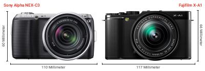 Größenvergleich: Sony Alpha NEX-C3 vs. Fujifilm X-A1 Größenvergleich: Sony Alpha NEX-C3 vs. Fujifilm X-A1