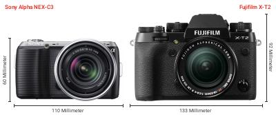 Größenvergleich: Sony Alpha NEX-C3 vs. Fujifilm X-T2 Größenvergleich: Sony Alpha NEX-C3 vs. Fujifilm X-T2