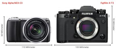 Größenvergleich: Sony Alpha NEX-C3 vs. Fujifilm X-T3 Größenvergleich: Sony Alpha NEX-C3 vs. Fujifilm X-T3