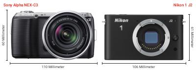 Größenvergleich: Sony Alpha NEX-C3 vs. Nikon 1 J2 Größenvergleich: Sony Alpha NEX-C3 vs. Nikon 1 J2