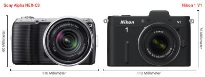 Größenvergleich: Sony Alpha NEX-C3 vs. Nikon 1 V1 Größenvergleich: Sony Alpha NEX-C3 vs. Nikon 1 V1
