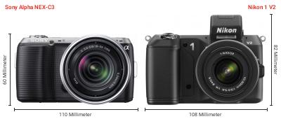 Größenvergleich: Sony Alpha NEX-C3 vs. Nikon 1 V2 Größenvergleich: Sony Alpha NEX-C3 vs. Nikon 1 V2