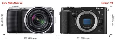 Größenvergleich: Sony Alpha NEX-C3 vs. Nikon 1 V3