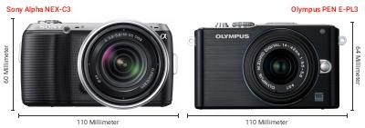 Größenvergleich: Sony Alpha NEX-C3 vs. OM System PEN E-PL3 Größenvergleich: Sony Alpha NEX-C3 vs. OM System PEN E-PL3
