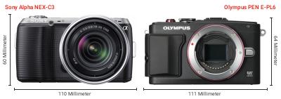 Größenvergleich: Sony Alpha NEX-C3 vs. OM System PEN E-PL6 Größenvergleich: Sony Alpha NEX-C3 vs. OM System PEN E-PL6
