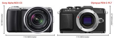 Größenvergleich: Sony Alpha NEX-C3 vs. OM System PEN E-PL7 Größenvergleich: Sony Alpha NEX-C3 vs. OM System PEN E-PL7