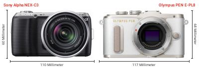 Größenvergleich: Sony Alpha NEX-C3 vs. OM System PEN E-PL8 Größenvergleich: Sony Alpha NEX-C3 vs. OM System PEN E-PL8