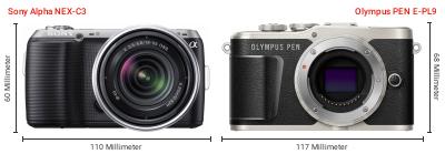 Größenvergleich: Sony Alpha NEX-C3 vs. OM System PEN E-PL9