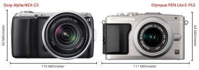 Größenvergleich: Sony Alpha NEX-C3 vs. OM System PEN Lite E-PL5 Größenvergleich: Sony Alpha NEX-C3 vs. OM System PEN Lite E-PL5