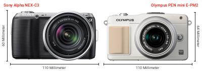 Größenvergleich: Sony Alpha NEX-C3 vs. OM System PEN mini E-PM2 Größenvergleich: Sony Alpha NEX-C3 vs. OM System PEN mini E-PM2