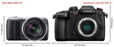 Größenvergleich: Sony Alpha NEX-C3 vs. Panasonic Lumix DC-GH5 II Größenvergleich: Sony Alpha NEX-C3 vs. Panasonic Lumix DC-GH5 II