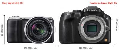 Größenvergleich: Sony Alpha NEX-C3 vs. Panasonic Lumix DMC-G5 Größenvergleich: Sony Alpha NEX-C3 vs. Panasonic Lumix DMC-G5