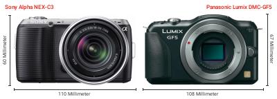 Größenvergleich: Sony Alpha NEX-C3 vs. Panasonic Lumix DMC-GF5 Größenvergleich: Sony Alpha NEX-C3 vs. Panasonic Lumix DMC-GF5