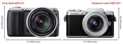 Größenvergleich: Sony Alpha NEX-C3 vs. Panasonic Lumix DMC-GF7 Größenvergleich: Sony Alpha NEX-C3 vs. Panasonic Lumix DMC-GF7