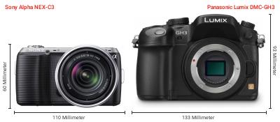 Größenvergleich: Sony Alpha NEX-C3 vs. Panasonic Lumix DMC-GH3