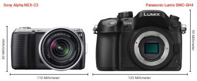 Größenvergleich: Sony Alpha NEX-C3 vs. Panasonic Lumix DMC-GH4 Größenvergleich: Sony Alpha NEX-C3 vs. Panasonic Lumix DMC-GH4