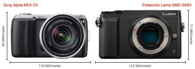 Größenvergleich: Sony Alpha NEX-C3 vs. Panasonic Lumix DMC-GX80 Größenvergleich: Sony Alpha NEX-C3 vs. Panasonic Lumix DMC-GX80