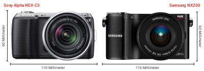 Größenvergleich: Sony Alpha NEX-C3 vs. Samsung NX200 Größenvergleich: Sony Alpha NEX-C3 vs. Samsung NX200