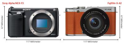 Größenvergleich: Sony Alpha NEX-F3 vs. Fujifilm X-A2 Größenvergleich: Sony Alpha NEX-F3 vs. Fujifilm X-A2