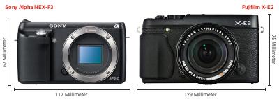Größenvergleich: Sony Alpha NEX-F3 vs. Fujifilm X-E2 Größenvergleich: Sony Alpha NEX-F3 vs. Fujifilm X-E2