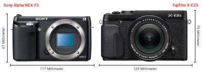 Größenvergleich: Sony Alpha NEX-F3 vs. Fujifilm X-E2S Größenvergleich: Sony Alpha NEX-F3 vs. Fujifilm X-E2S