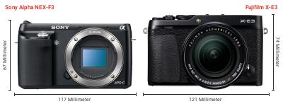 Größenvergleich: Sony Alpha NEX-F3 vs. Fujifilm X-E3 Größenvergleich: Sony Alpha NEX-F3 vs. Fujifilm X-E3