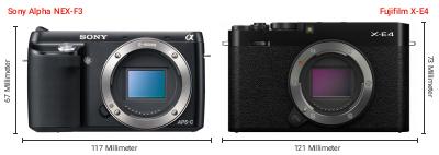 Größenvergleich: Sony Alpha NEX-F3 vs. Fujifilm X-E4