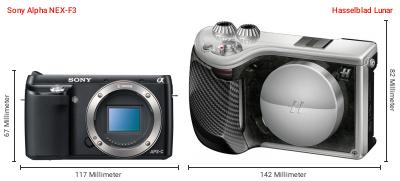 Größenvergleich: Sony Alpha NEX-F3 vs. Hasselblad Lunar Größenvergleich: Sony Alpha NEX-F3 vs. Hasselblad Lunar