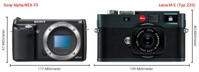 Größenvergleich: Sony Alpha NEX-F3 vs. Leica M-E (Typ 220) Größenvergleich: Sony Alpha NEX-F3 vs. Leica M-E (Typ 220)