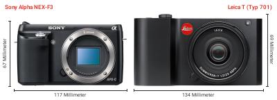 Größenvergleich: Sony Alpha NEX-F3 vs. Leica T (Typ 701) Größenvergleich: Sony Alpha NEX-F3 vs. Leica T (Typ 701)
